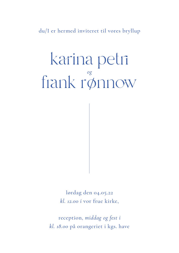 
                Karina & Frank Bryllupsinvitation i de fineste blå og hvide farver. Denne invitation er perfekt til dit minimalistisk- og klassisk bryllup. Her er god plads til tekst på forsiden og de øvrige praktiske oplysninger for den store bryllupsdag kan indsættes på bagsiden. Der er desuden mulighed for design af alt det relateret tilbehør af festpynt I skulle få brug for i samme design såsom matchende velkomstskilt, salmehæfte, bordoversigt, bordkort, menukort, drinkskort, takkekort mm.                